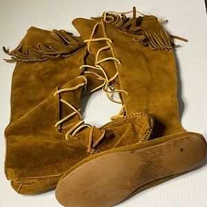 Suede Fringe Lace-Up Knee-High Boots handmade-Brown